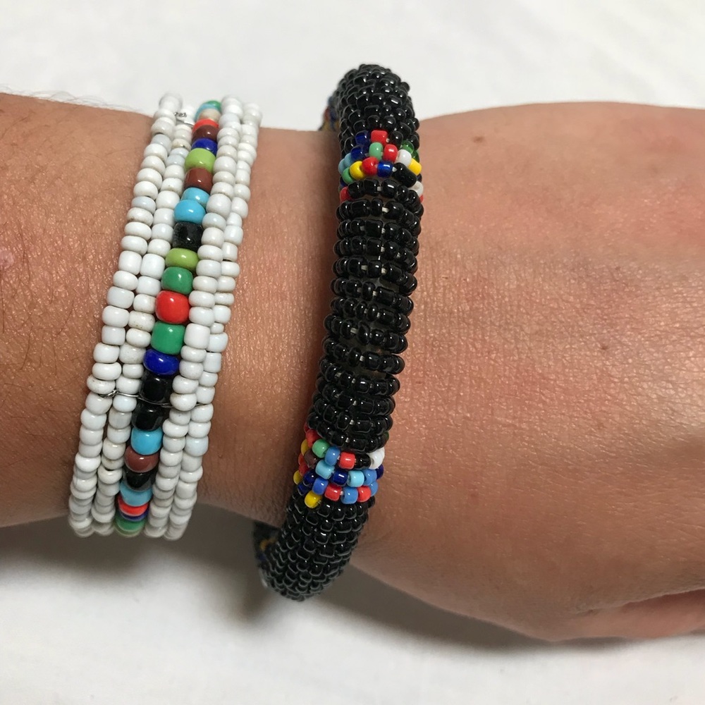 Beaded Bracelets - white/black+multi-colored beads